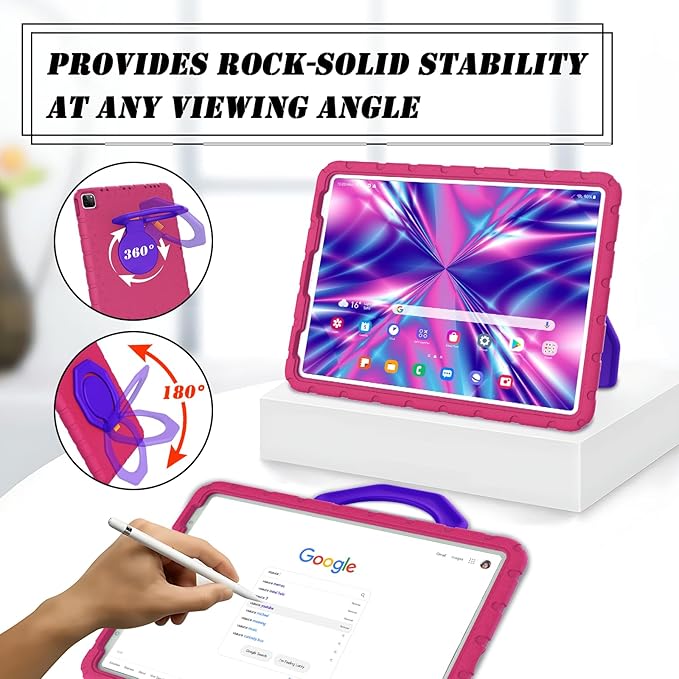for iPad Pro 12.9 Case 3rd 4th 5th 6th Generation with Pencil Holder & 360° Rotating Handle Stand, New Cute Rugged Cover for iPad Pro 12.9 inch 2022/2021/2020/2018 - Rose Red