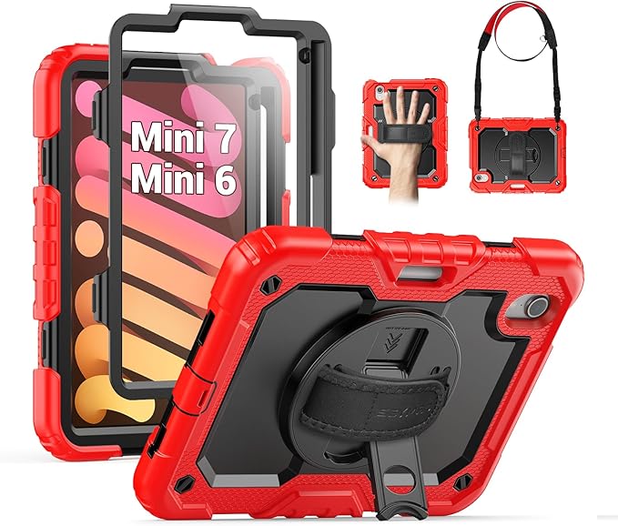 SEYMAC Kids Case for iPad mini 7 (A17 Pro) 2024/ Mini 6 8.3″, Full-Body Shockproof Protective Case with Screen Protector, Rotating Stand, Hand/Shoulder Strap for iPad mini 7th/ 6th Generation, Red