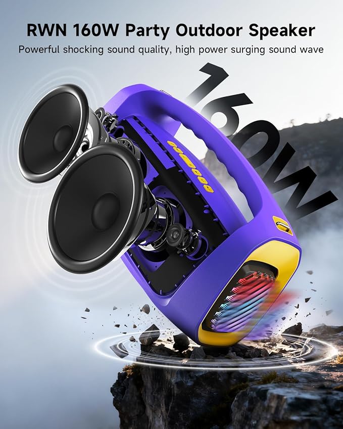 RWN Outdoor Bluetooth Speaker: 160W Loud Sound, IP67 Waterproof with 24H Playtime, Fast Charge, Bass, TWS, Portable Wireless Speakers with Light Show for House, Party, Projector, Beach (PURPLE+YELLOW)