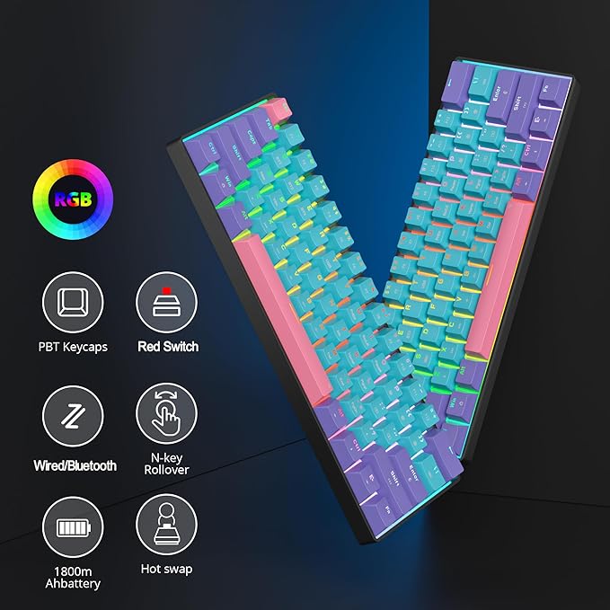 Fogruaden 60 Percent Wireless Gaming Keyboard, Wired/Bluetooth Mechanical Keyboard 60%, RGB Backlit, Hot-Swappable Red Switch