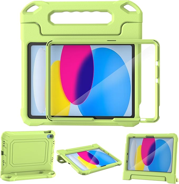 YIHE Kids Case for iPad (A16) 11th Generation 11 Inch 2025 & iPad 10th Generation 10.9 inch 2022, with Built-in Screen Protector and Handle Stand, Full Body Shockproof Protective Cover, LightGreen