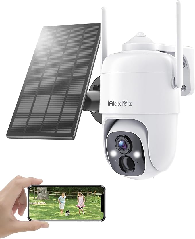 MaxiViz Solar Security Camera Wireless Outdoor, 360° View Qutdoor Cameras for Home Security with AI Motion Detection, 2K Color Night Vision, Two-Way Talk, IP66 Weatherproof, SD/Cloud Storage