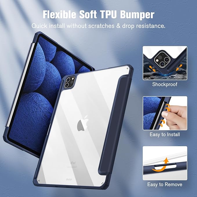 Fintie Hybrid Slim Case for iPad Pro 11-inch (4th / 3rd Generation) 2022/2021 - [Built-in Pencil Holder] Shockproof Cover w/Clear Transparent Back Shell, Also Fit iPad Pro 11" 2nd Gen, Navy