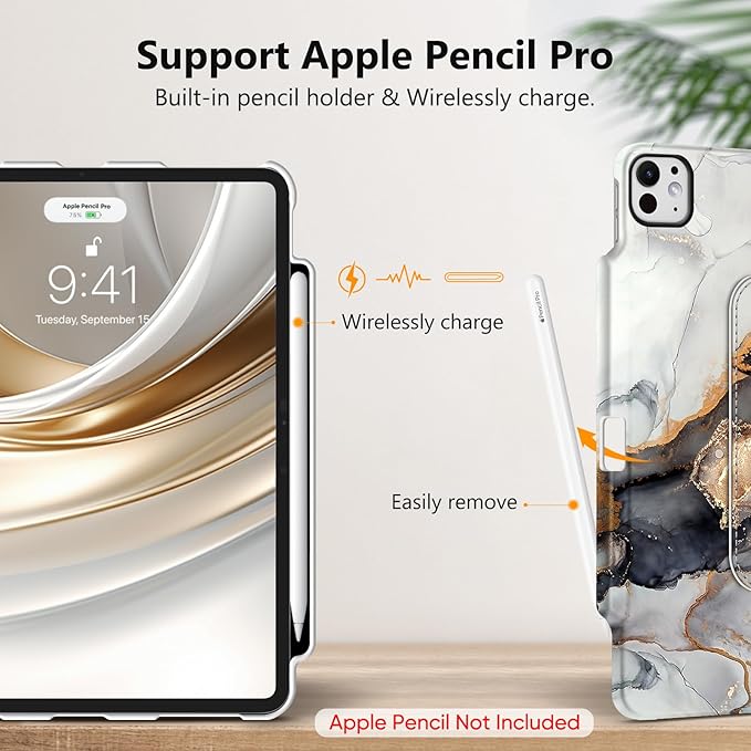 Fintie Rotating Case for iPad Pro 13-inch (M5) 2025 / (M4) 2024 with Pencil Holder - 360 Degree Swiveling Protective Stand Cover with Auto Wake/Sleep, Cloudy Marble