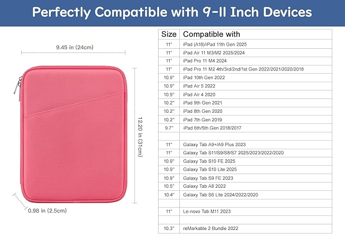 Dadanism 9-11 Inch Tablet Sleeve Bag Carrying Case for iPad (A16) 11th Gen 11", iPad 10th Gen 10.9" Air 5/4, iPad Air M4/Pro M5 11", iPad 9/8/7th Gen 10.2", Galaxy Tab A11+ Plus 11", Watermelon Pink