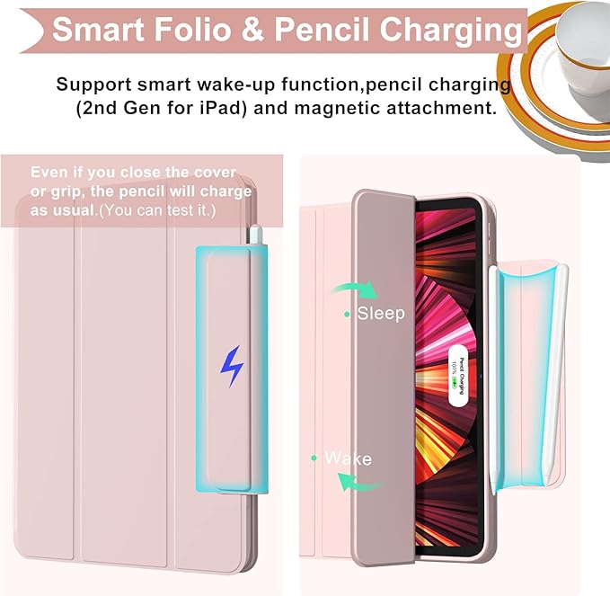 ZENLU iPad Pro 11" M4 M5 Case with Removable Magnetic Folio Cover, Premium PU Leather, Multiple Angles Stand, Pencil Slot Charging Support, Full Protective Case for iPad Pro 11" 2025 2024 (Pink)