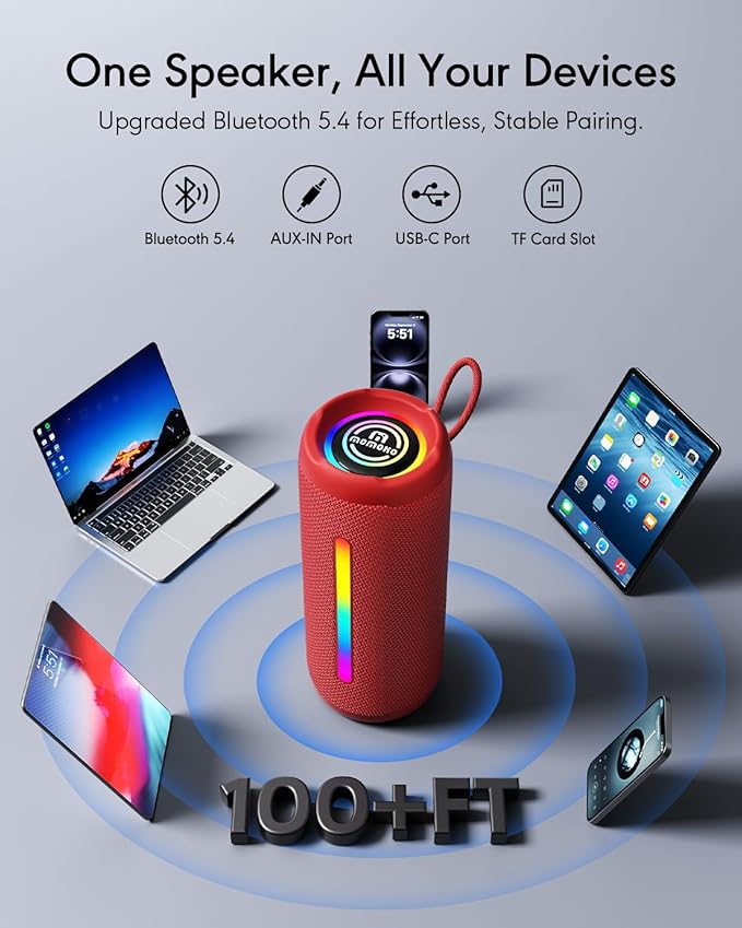 Portable Bluetooth Speaker, IPX7 Waterproof Wireless Speaker, 30W Loud Stereo Sound with Deep Bass, Bluetooth 5.4, EQ Mode for Home/Outdoor/Travel, Birthday Gifts for Adults Men Women Teen (Red)