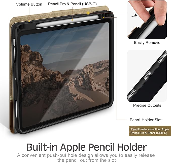 KingBlanc Case for iPad Pro 11-inch (M5 2025, M4 2024) with Pencil Holder, PU Leather Durable Protective Cover, Auto Sleep/Wake, Support Pencil Pro/Pencil (USB-C), Viewing/Typing Angles, Beige