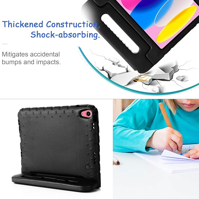 Kids Case for iPad 10th Generation (2022), iPad 11" A16 2025 Case with Pencil Holder, Techcircle Handle Stand Lightweight EVA Foam Bumper Protective Rugged Drop Protection Child Proof Cover, Black