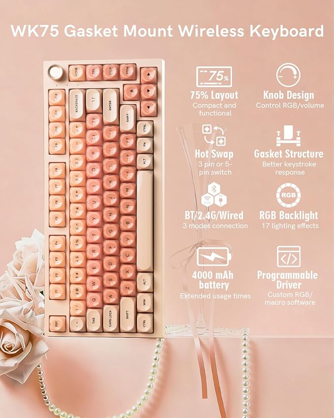 WK75 Wireless Mechanical Keyboard with Knob, 75% Foundation Pink Creamy Keyboard, Hot Swappable, Pre-lubed Switches, Gasket Mount with MOA Profile Jelly Keycaps, RGB Backlit Gaming Keyboards