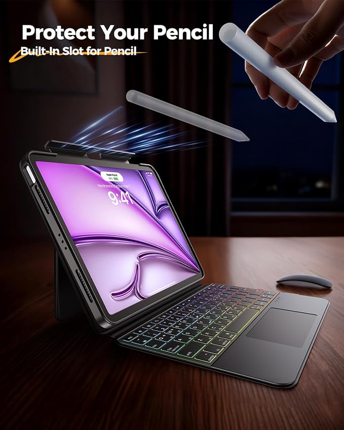 Clear Magnetic Keyboard Case for iPad Air 11" (M3/M2)& Pro 11" 4th 3rd 2nd 1st Gen, 7-Color Backlit, Multi-Touch Trackpad, Detachable 360 Rotation & Up-Down Lift Protective Case w/Stand, Black