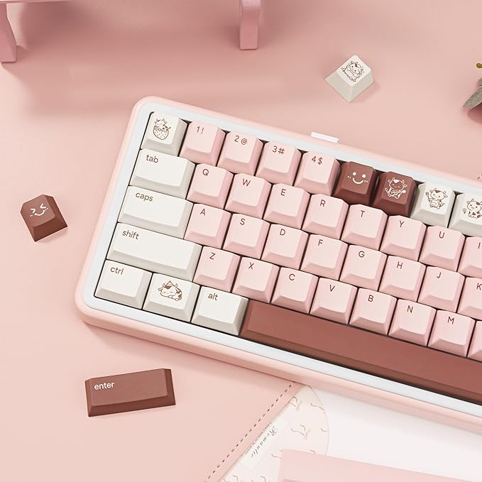 Milk Strawberry Cute Pink Keycaps - 134 Keys PBT Dye-Sublimation Keycaps, Cherry Profile - Kawaii Cow & Milk Cartoon Illustrations, Compatible with 60% 65% 75% 80% 100% Mechanical Keyboards