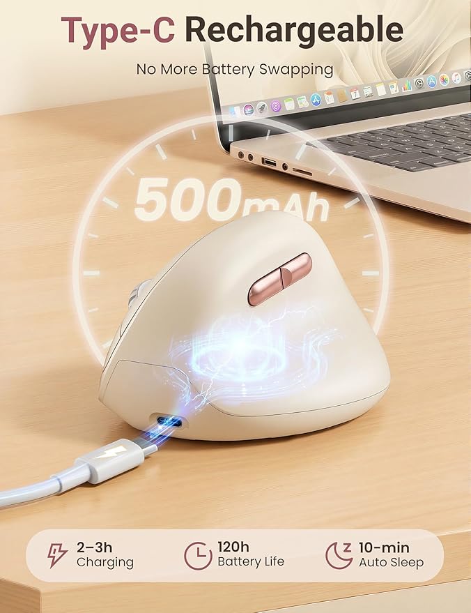 Ergonomic Vertical Wireless Mouse, 57° Natural Handshake for Wrist Pain Relief, Rechargeable 2.4G USB Computer Mouse, Quiet Click, 800/1200/1600 DPI, for Laptop PC Mac, Small/Medium Hands (Beige)