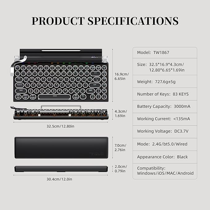 7KEYS Typewriter Keyboard Wireless Retro Style, Vintage Classical Mechanical Keyboard with Bluetooth for IPAD PC/Laptop Mac/Phone (Black+Wrist)