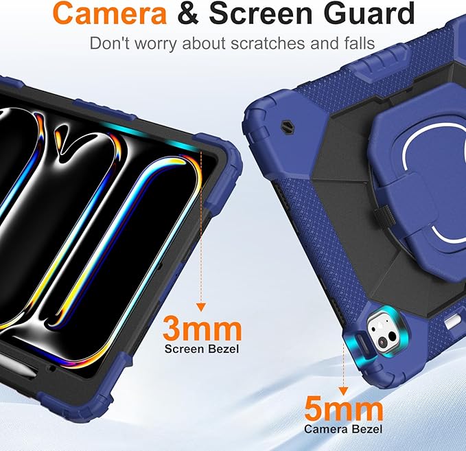 Case for iPad Pro 13 Inch M5 2025/ M4 2024, Ubearkk for iPad Pro 13 Inch case with Screen Protector, 360 Degree Rotating Stand Shoulder Strap Pencil Holder,Military Grade Shockproof, Navy Black