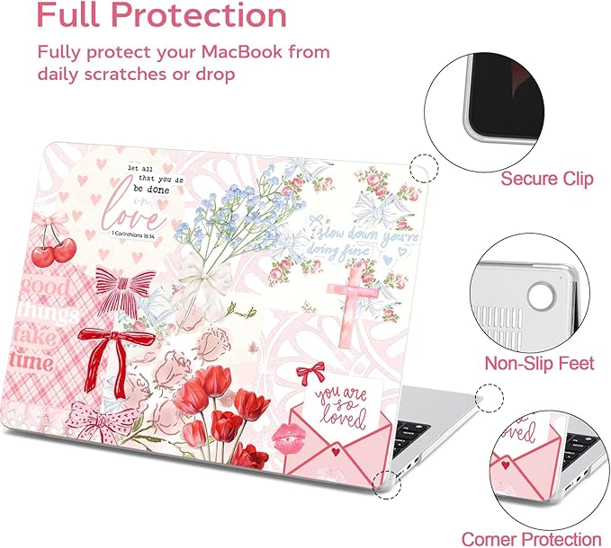B BELK Compatible with MacBook Air 13 inch Case M5 2026-2022 M4 M3 M2 A3449 A3240 A3113 A2681, Plastic Hard Shell+Keyboard Cover+Screen Skin for MacBook Air 13.6 inch Case, Love Faith Pink Collage