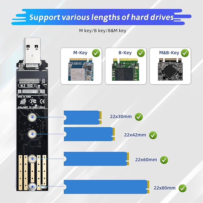 ELUTENG M.2 to USB Adapter Dual Protocol M.2 NVME SATA Hard Drive USB3.1 Gen2 10Gbps USB to NVME PCI-E SSD Reader M Key & B+M Key Max 4TB Support UASP for 2280 2260 2242 2230 SSD Enclosure