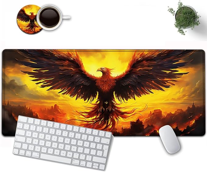 Large Mouse Pad, 31.5 x 11.8in Extended Gaming Mouse Pad with Stitched Edges, XXL Mousepad Protector Non Slip Rubber Base for Office and Home Writing Mat, Anime Phoenix Bird Pattern Desk Mat