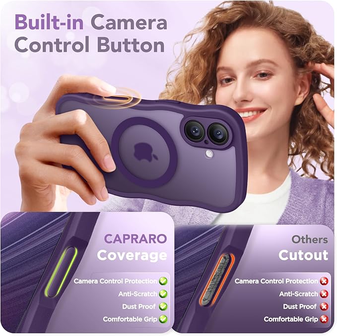 CAPRARO Magnetic for iPhone 17 Case for Women Girls, Upgraded [Full Camera Protection] [Compatible with MagSafe] Cute Wave Translucent Matte Phone Case for iPhone 17, Deep Purple