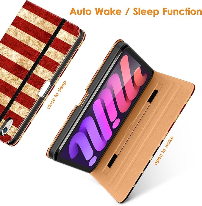 DTTO for iPad mini 7th (A17 Pro) 2024/iPad Mini 6th Generation Case 2021 8.3 Inch, Premium Leather Business Folio Stand Cover for Mini 7/6 with Pencil Holder-Multiple Viewing Angles, US Flag