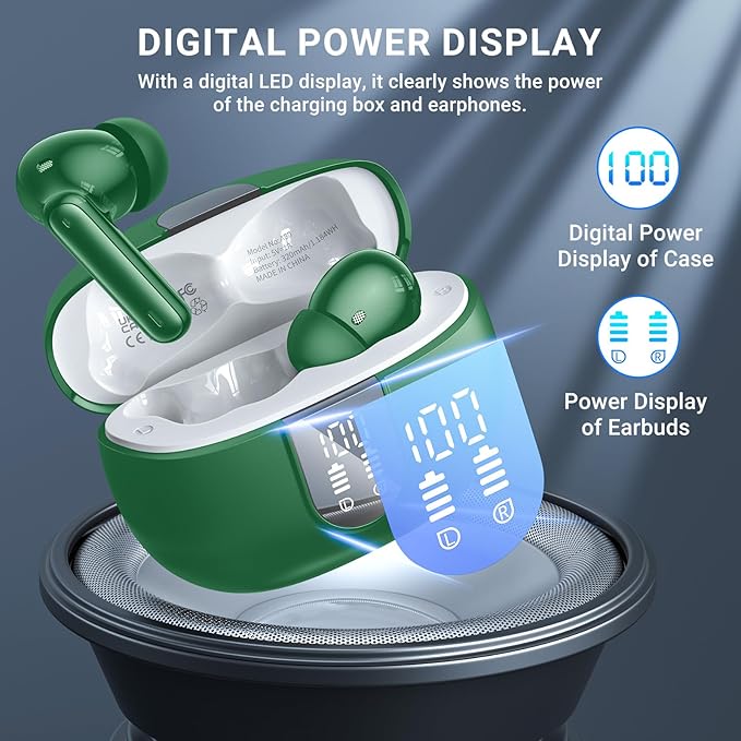 Wireless Earbuds,2024 Wireless Headphones HiFi Stereo Earphones with 4 ENC Noise Canceling Mic, 42Hs Playtime In Ear Earbud,Bluetooth 5.3 Sport Earphones with LED Power Display for Android iOS Green