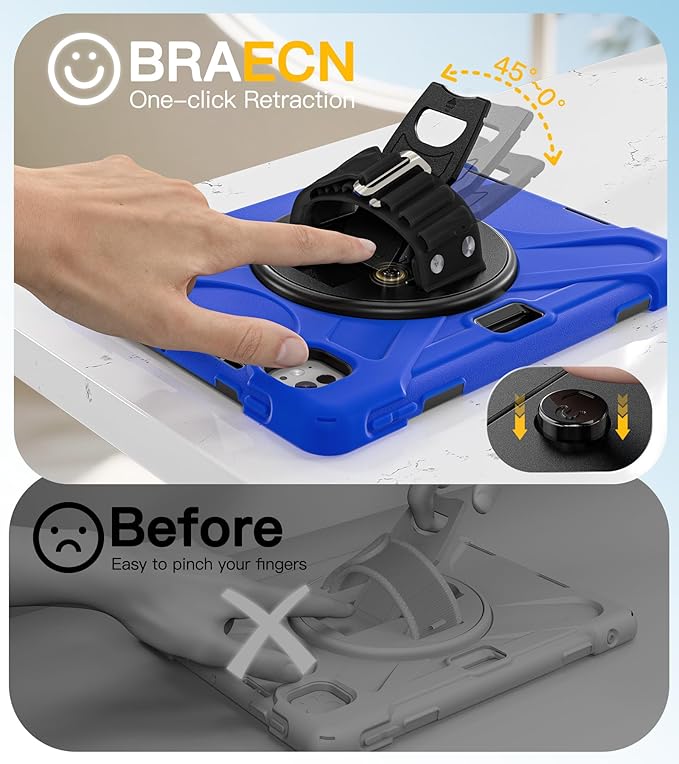 BRAECN Case for iPad Pro 11 inch M5 2025 & M4 2024, 4 Layers Heavy Duty Full-Body Protection Screen Protector Pencil Holder, 360° Rotating Handle Kickstand, Shoulder Strap Kids Friendly