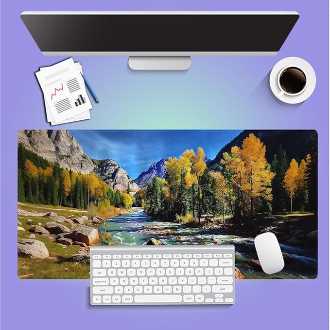 Large Gaming Mouse Pad (31.5" x 15.8") - Natural Landscape Mountains of Colorado with Forest and River Summer Foliage Idyllic, Extra XXL Office Decor, Premium Stitched Anti-Slip Office Desk Mat