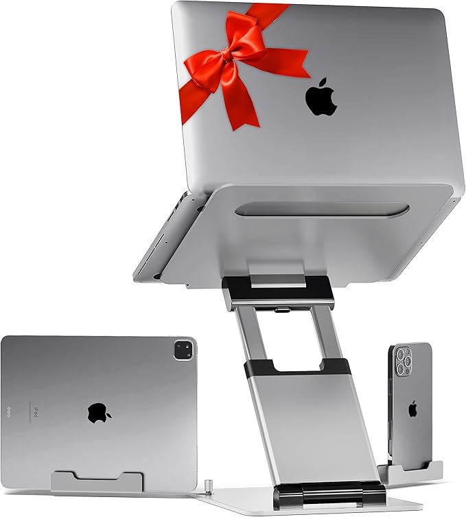 Lifelong Adjustable Laptop Stand for Desk, Ergonomic Aluminum Laptop Riser, Portable Foldable Computer Stand, Height up to 20”, Fits 10-17” Laptops for Desk-Mounted with Phone & Tablet Holder