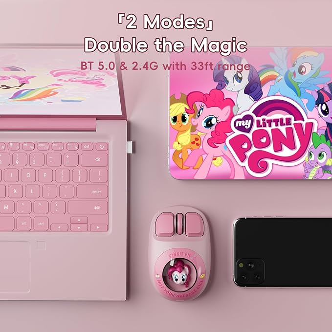 My Little Pony Wireless Mouse - Pinkie Pie Edition, 3D Character Design Silent Click Mouse with 1600 DPI, Dual-Mode (2.4GHz/Bluetooth), Ergonomic for Mac/Windows