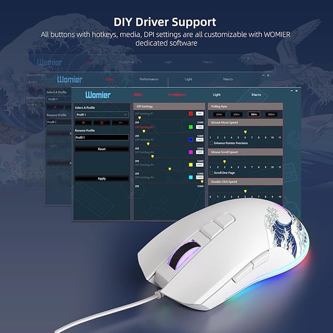 Womier Wired Gaming Mouse, 12400 DPI RGB Mouse with RGB Backlit Modes & 7 Macro Buttons, PC Gaming Mice Support DIY Keybinding, Gamer Computer Mice for Laptop PC Mac Windows(G705 Kanagawa)