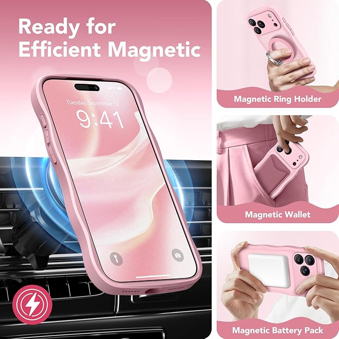 CAPRARO Magnetic for iPhone 17 Pro Max Case for Women Girls, Upgraded [Full Camera Protection] [Compatible with MagSafe] Cute Wave Translucent Matte Phone Case for iPhone 17 Pro Max, Peach Pink