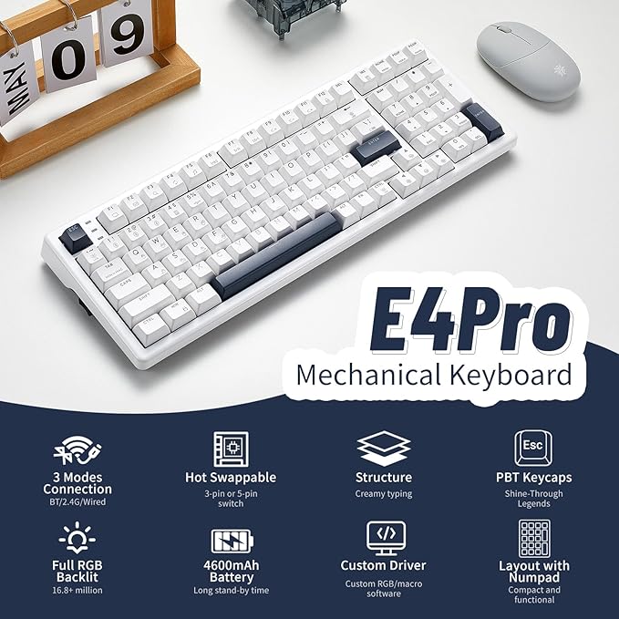 Wireless Mechanical Keyboard with Wrist Rest,Tri-Mode BT5.0/2.4GHz/USB-C Hot Swappable Custom Keyboard,Pre-lubed Clicky Switches,RGB Backlit Computer Gaming Keyboards for PC/Tablet/PS/Xbox(White)