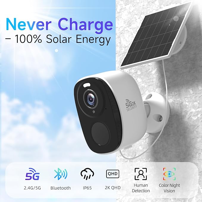 Rraycom 4Pack 5G/2.4G WiFi Solar Security Cameras Wireless Outdoor, 2K 5G Solar Cameras for Home Security with AI Motion Detection, Color Night Vision, Siren, 2-Way Audio,Works/Alexa,Waterproof