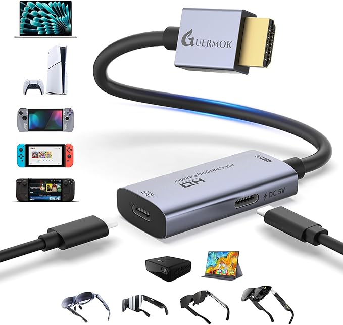 Guermok AR Glasses HDMI to USB-C Display Adapter, 4K@60Hz Play and Charge XR Converter with DC 5V, for XREAL One/Air 2 Pro/RayNeo/Rokid, Switch 2/1, Xbox1, PS4/5, Portable Monitors (Sliver)