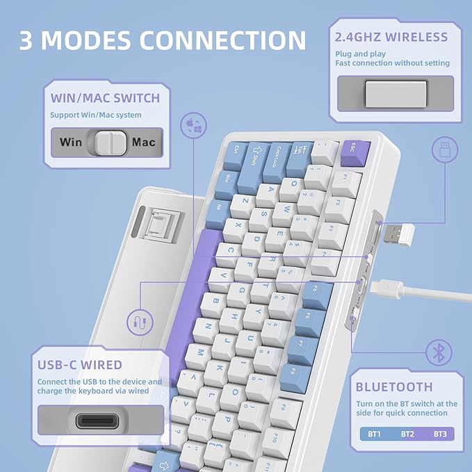 YINDIAO X85 Wireless Mechanical Keyboard, TKL 82 Keys Bluetooth 5.0/2.4GHz/USB-C Hot Swappable Custon Keyboard, Knob Control, Gasket Structure, RGB Backlit Gaming Keyboard for PC/Mac/PS4/Xbox (Purple)