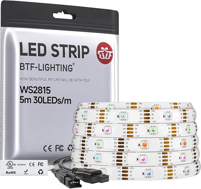BTF-LIGHTING WS2815 (Upgraded WS2812B) LED Strip Light,UL Listed,16.4FT 150 LED/Pixels,Flexible Chasing RGB,Dual Signal Individually Addressable,5050SMD,3M Tape,DC12V IP65(No Adapter or Controller)