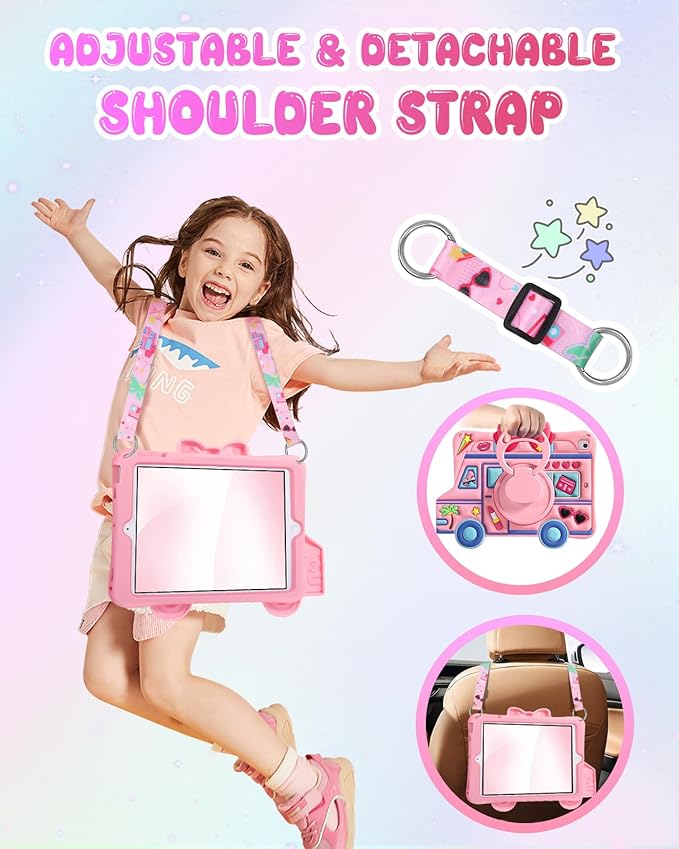 for iPad 6th/5th Generation Case, Air 1st/Air 2nd, for iPad Pro 9.7 Inch Case - for Girls Cute Girly Kawaii 3D Cartoon Design with Rotating Stand Handle & Shoulder Strap Silicone Cover