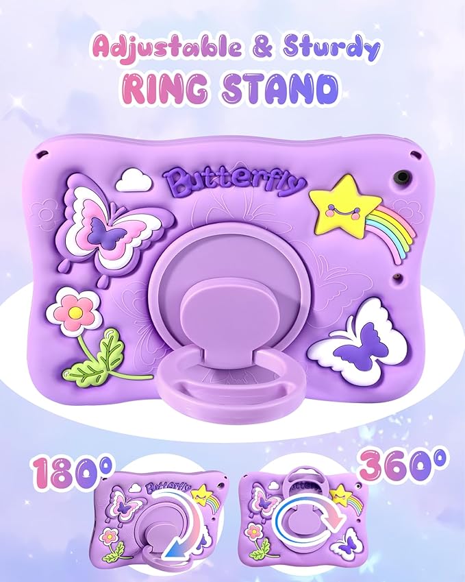 Kidcube for iPad 9th/8th/7th Generation Case 10.2 Inch - for Girls Cute Kawaii Girly 3D Purple Butterfly Design Cover with Rotating Stand & Strap Unique Silicone Women Teens for iPad 9th/8th/7th Case