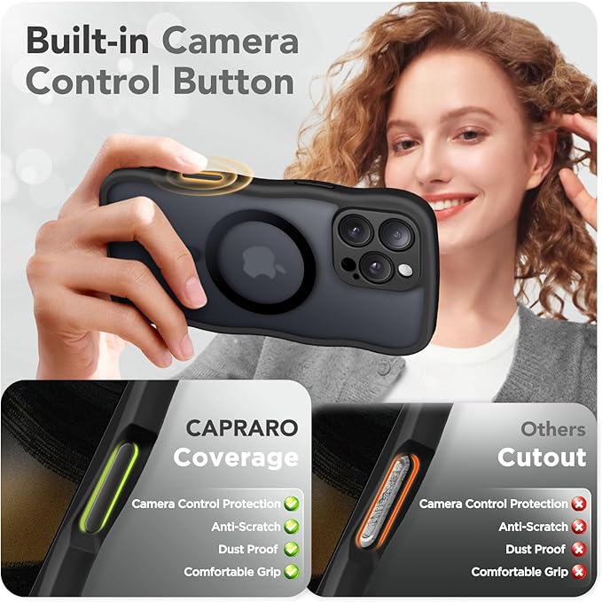 CAPRARO for iPhone 16 Pro Max Case for Women Girls, Upgraded [Full Camera Protection] [Compatible with MagSafe] Cute Wave Translucent Matte Phone Case for iPhone 16 Pro Max, Black