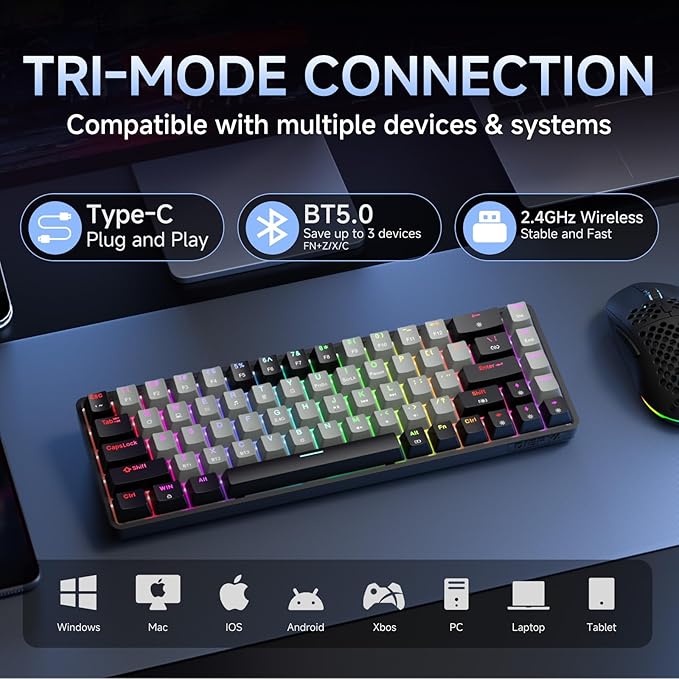 DIERYA DK68 60% Wireless Mechanical Gaming Keyboard, 3 Modes Bluetooth/2.4GHz/USB-C with Red Linear Switch, RGB Backlit, Anti-Ghosting, 68-Key Compact mini keyboard for Windows/macOS/Linux- Black/Grey
