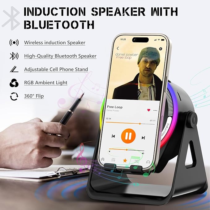 Wireless Induction Speaker, 5-in-1 Bluetooth 5.3 Phone Stand with 360° Rotation & RGB Ambient Light - Cool Tech Gadgets Gifts for Men Women Dad Mom - Compatible iPhone/Android/iPad/Samsung (Black)