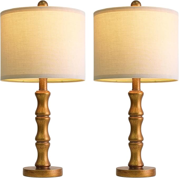 BOBOMOMO 20.5" Vintage Nightstand Lamps Set of 2, Farmhouse Table Lamps with Antique Gold Resin Base & Linen Shade, Small Bedside Lamp for Bedroom, Living Room, Office & Elegant Home Décor