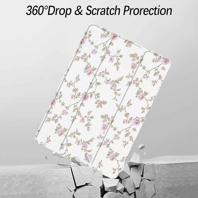Case for iPad Pro 11-Inch M5/M4 2025/2024 (6th/5th Generation), Case with Pencil Holder, Clear Back Cover Cute Cool Design for Women Girls, Auto Sleep/Wake, Pink Flower
