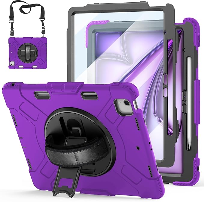 Case for iPad Air 13 Inch M4/M3/M2 (2026/2025/2024): Silicone Shockproof Case with Screen Protector - Stand - Handle - Shoulder Strap - Pen Holder- Purple