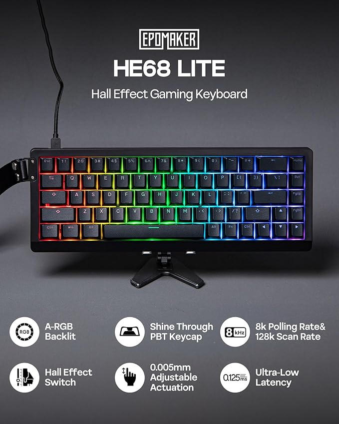 EPOMAKER HE68 Lite Hall Effect Gaming Keyboard, 8k Polling & 128K Scan Rate, 0.005mm Adjustable Trigger, 0.125ms Latency, 5-Layer Sound-Dampened, Snap Key, SOCD, A-RGB, Wired, Mac Software (Black)