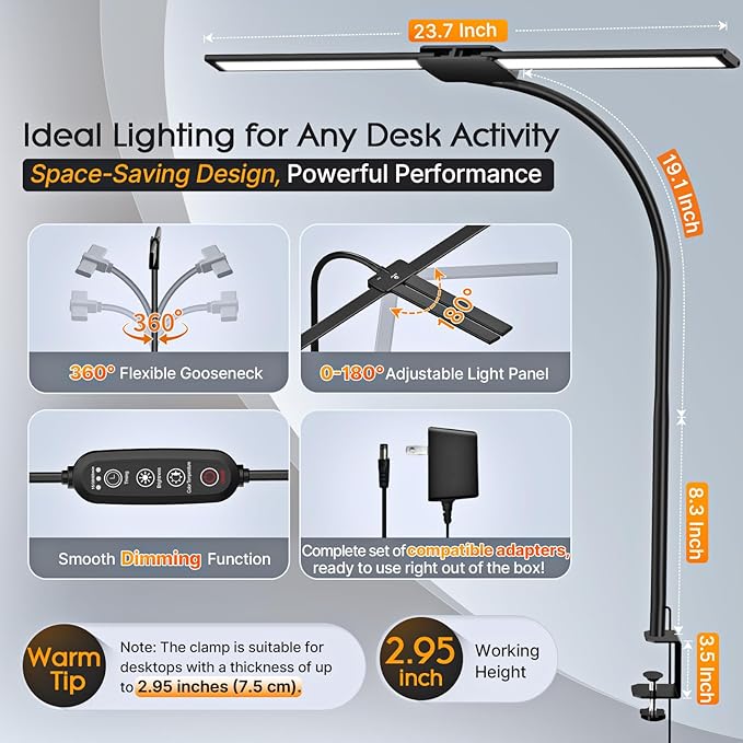 Syrinx LED Desk Lamp for Office Home, Dual Head Eye-Care Architect Table Lamp, Gesture/Wired Control, Flexible Neck, Bright Desk Light with Memory/Timer, 50 Lighting Modes for Study, Reading, Drafting