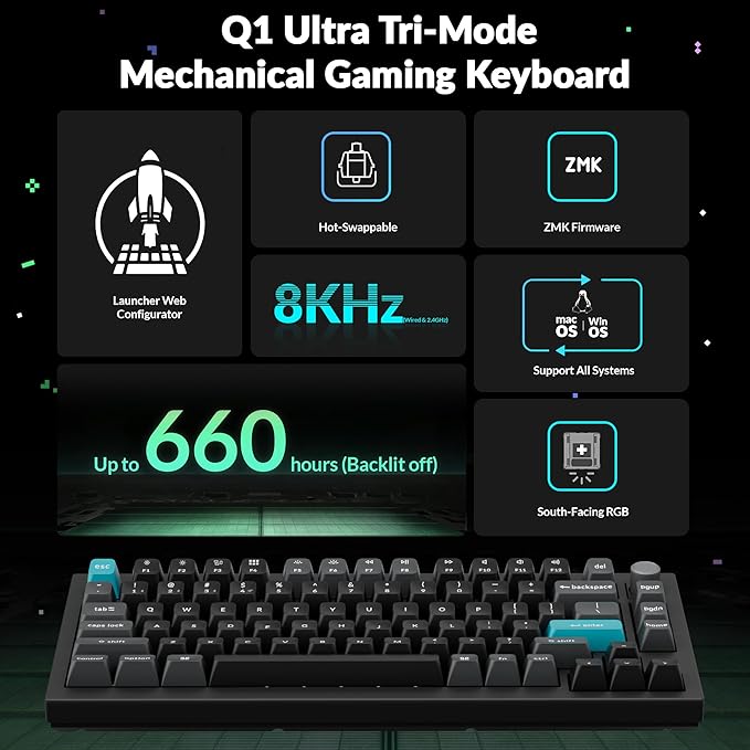 Keychron Q1 Ultra 8K 75% Wireless Mechanical Keyboard, Aluminum Hot-Swappable RGB, Red Switch, 82 Keys, 600h Battery Life, 2.4GHz/Bluetooth/Wired, ZMK Programmable, Mac Windows Linux – Black