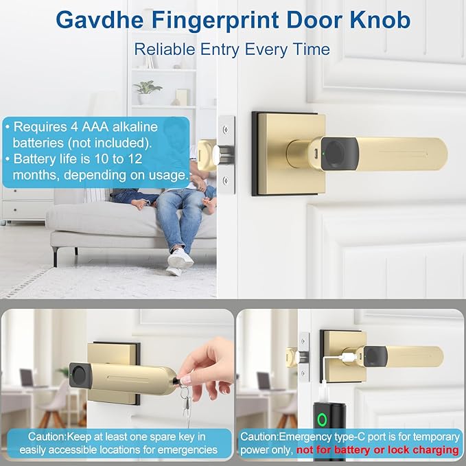 Fingerprint Door Lock & Biometric Door Knob with App – 3-in-1 Keyless Entry Smart Door Lock with Auto-Lock & Interior Lockable, Secure Your Home, Office, Bedroom & Apartment Gold