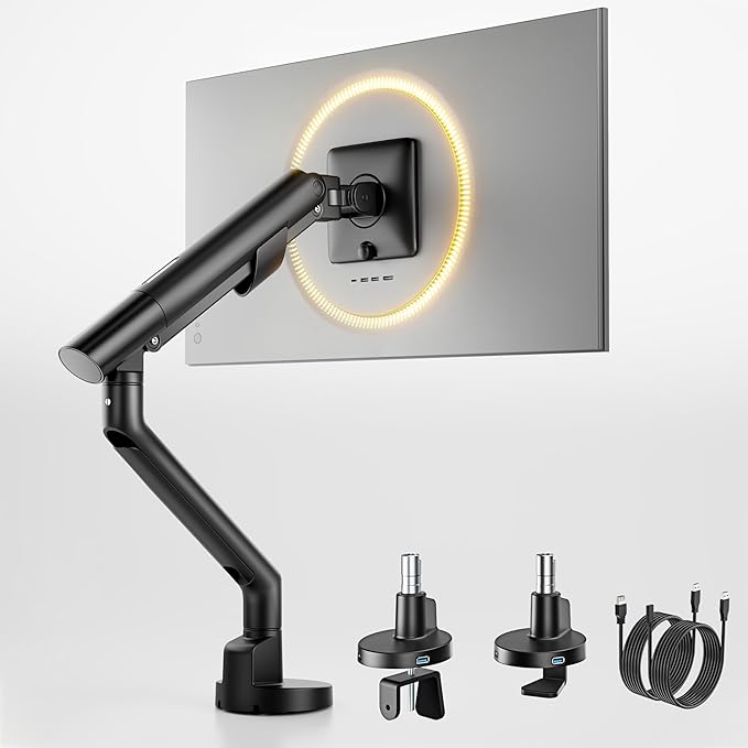 monTEK Single Monitor Arm with USB for 17-40 Inch Screens, Up to 26.4 lbs, Heavy Duty Monitor Mount with VESA Mount, Full Motion Adjustment Monitor Stand C-Clamp/Grommet Base,VESA 75/100mm, Black