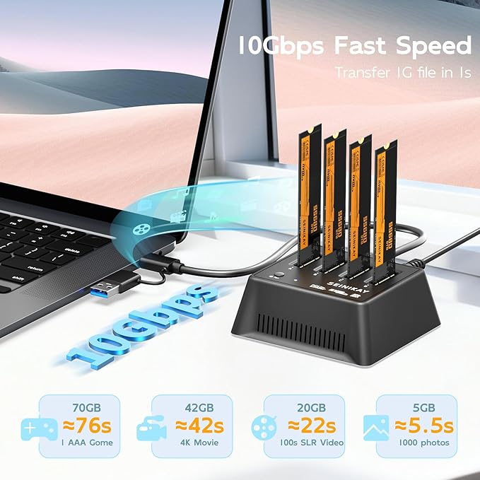 M.2 Dock with Fan for NVME SATA SSD, Tool-Free 4 Bay NVMe Reader with Indicator Light, 10Gbps Speed（No Clone Function）